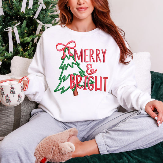 Faux Embroidered Merry & Bright Crewneck Sweatshirt
